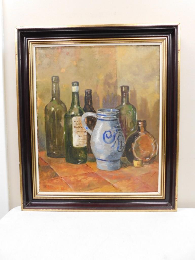 Henriette Roos Listed Dutch American Artist b. 1903 Mid Century Oil on Canvas: Henriette Roos Listed Dutch American Artist b. 1903 Mid Century Oil on Canvas "Still Life with Bottles" 20"x24" Signed front and back