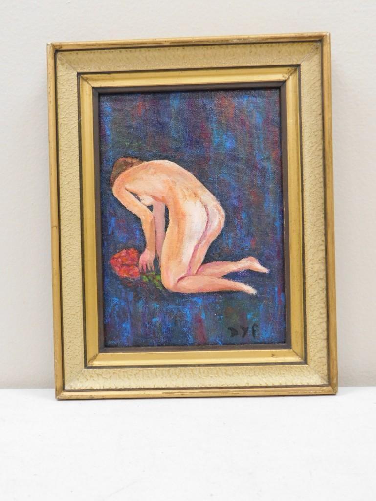 Original Work on Canvas Signed Dyf Mounted on Board "Lady with Flowers": Original Work on Canvas Mounted on Board "Lady with Flowers" signed Dyf front and back 1947 Measures roughly 9.5" x 12" including the frame