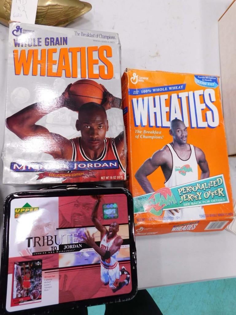 Michael Jordan Lot incl Metal Lunch Box and 2 Wheaties Boxes: Michael Jordan Lot incl Metal Lunch Box and 2 Wheaties Boxes Condition: lunch box has lots of scratches and dents and dings, especially around the edges. Wheaties boxes have creases and age wear. The