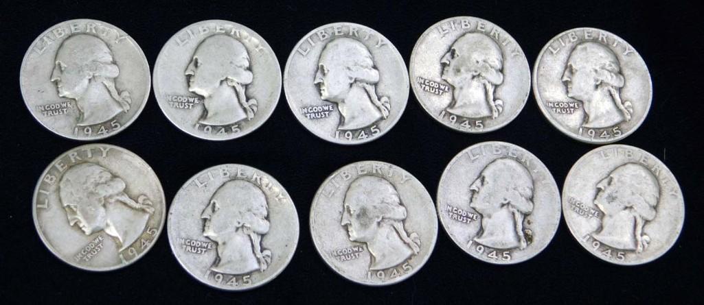 10 Nice 1945 Washington Quarters 90% Silver (1 of 2)