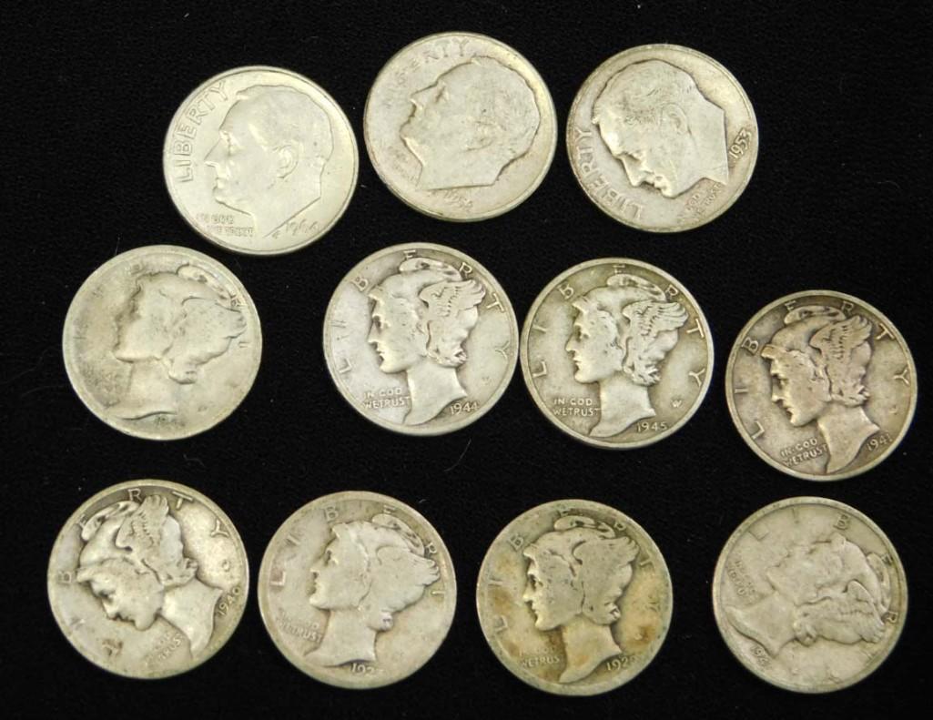 8 Mercury Dimes and 3 Roosevelt Dimes All 90% Silver (1 of 2)