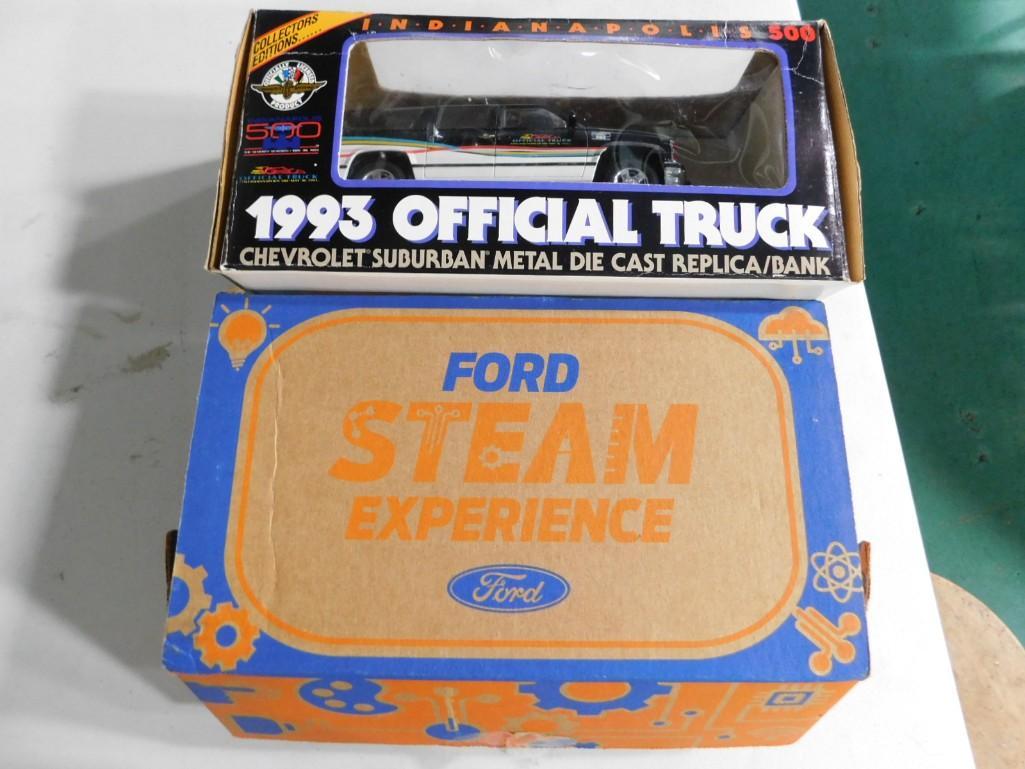 1993 Indy 500 Official Die Cast Truck Bank and Ford Steam Experience Model Kit: 1993 Indy 500 Official Die Cast Truck Bank and Ford Steam Experience Model Kit Condition: Ford Steam Experience is opened and unchecked for completeness