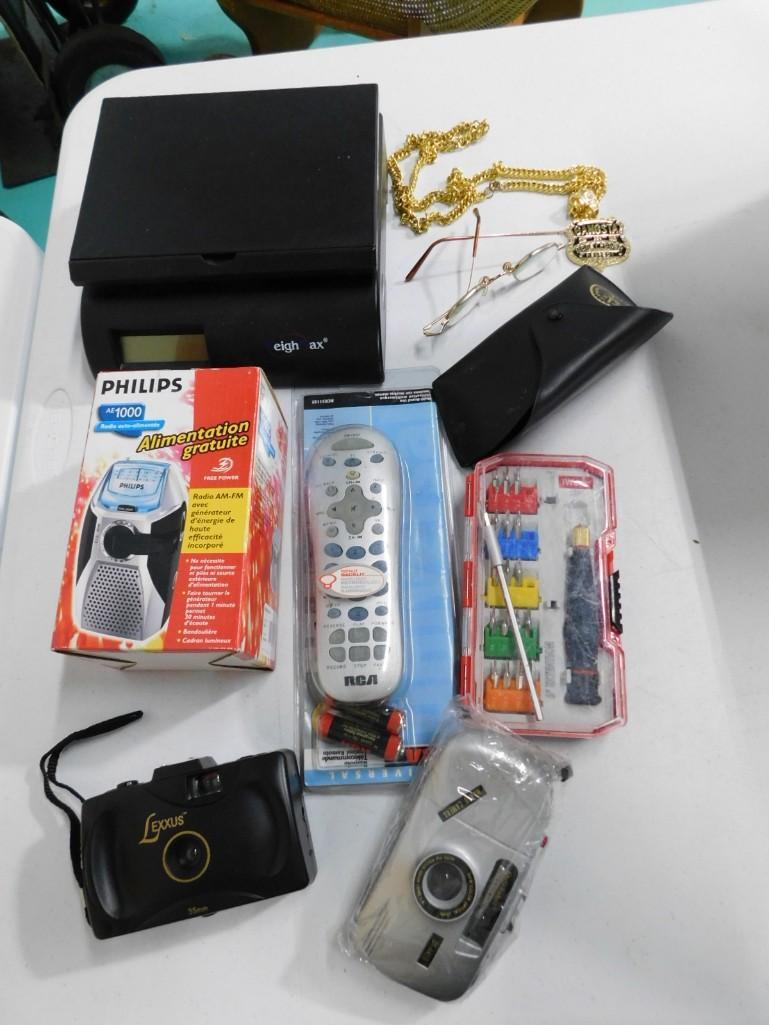 Misc Lot incl Emergency Radio, Screwdriver Set, Postal Scale, Vintage Glasses, etc: Misc Lot incl Emergency Radio (crank to power), Screwdriver Set, Postal Scale, Vintage Glasses, etc
