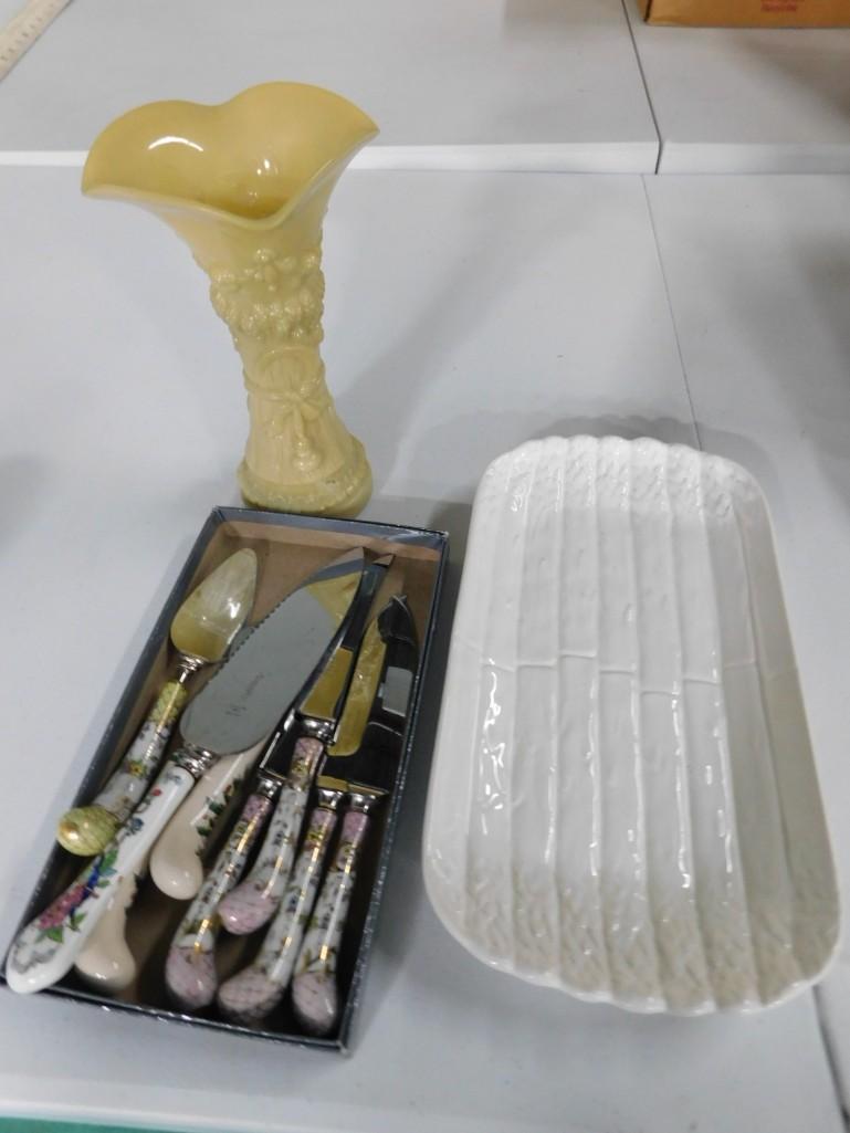 Asparagus Plate, Glass Vase, Serving Utensils: Asparagus Plate, Glass Vase, Serving Utensils