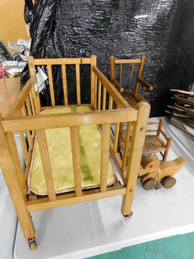 Vintage Doll Crib, Wooden Duck, Doll Furniture, etc: Vintage Doll Crib, Wooden Duck, Doll Furniture, etc