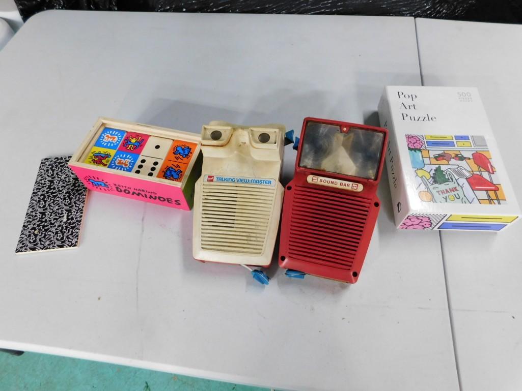 2 Talking Viewmasters, Keith Haring Wood Dominoes, Pop Art Puzzle - Not Checked For Completeness: 2 Talking Viewmasters- Untested, Keith Haring Wood Dominoes, Pop Art Puzzle - Not Checked For Completeness