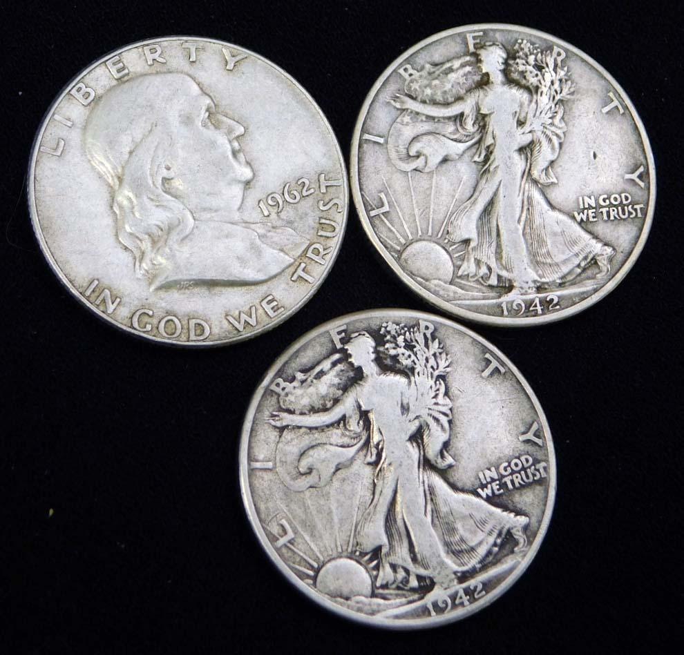 2 Walking Liberty Half Dollars and a Franklin Half Dollar 90% Silver (1 of 2)