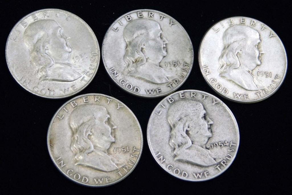5 Franklin Half Dollars 90% Silver (1 of 2)