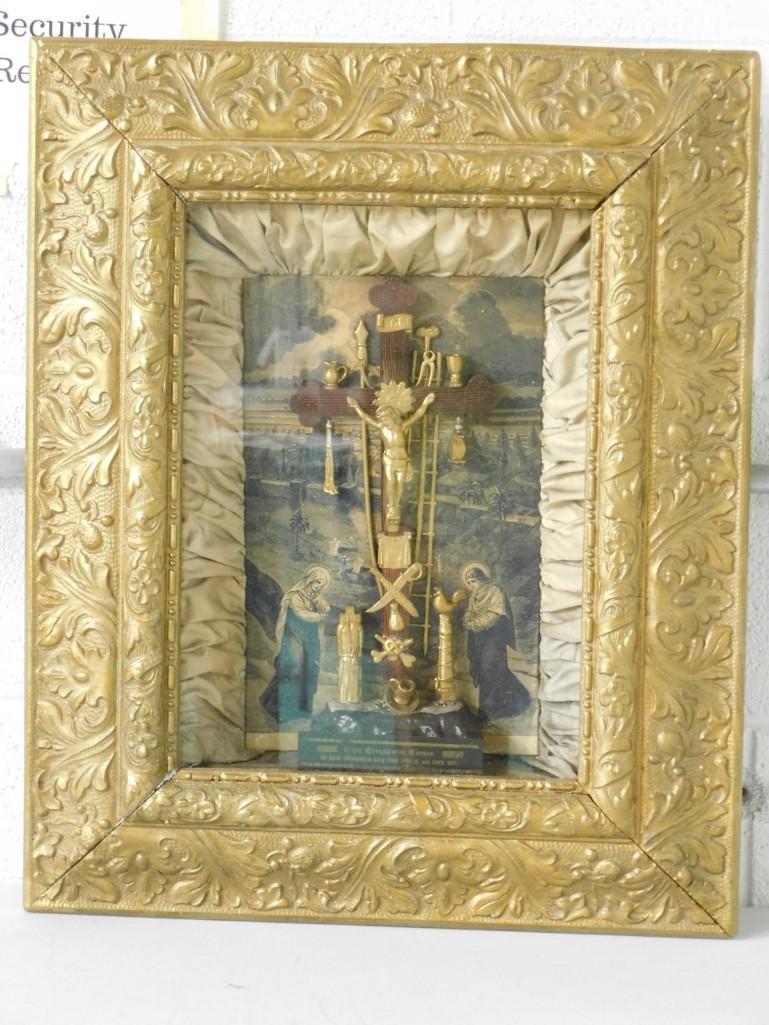 Antique 1877 Religious Framed Thy Kingdom Come 100 Days Indulgence Each Time Pius ix: Antique Religious Framed Diorama Thy Kingdom Come 100 Days Indulgence Each Time Pius ix, 14th June, 1877