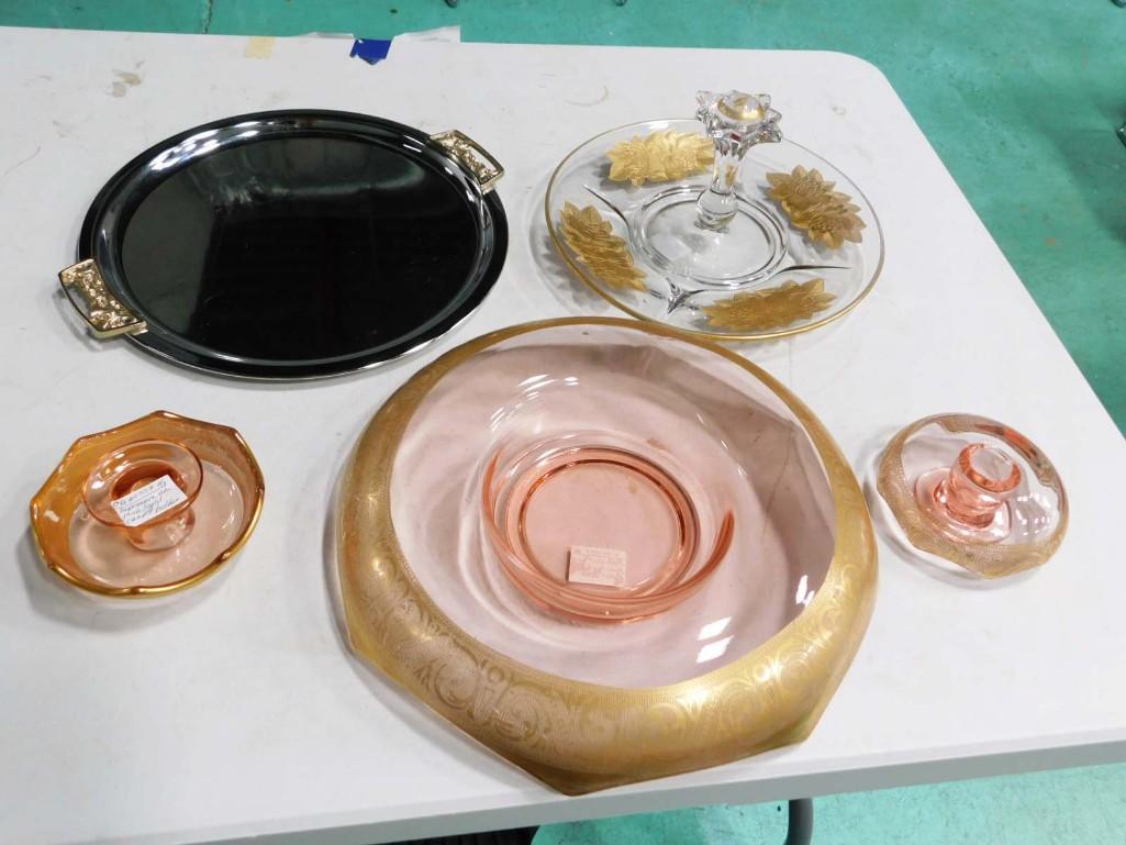 Pink Depression Glass Console Set, Vintage Kromex Tray, MCM Tidbit Server with Gold Design (1 of 7)