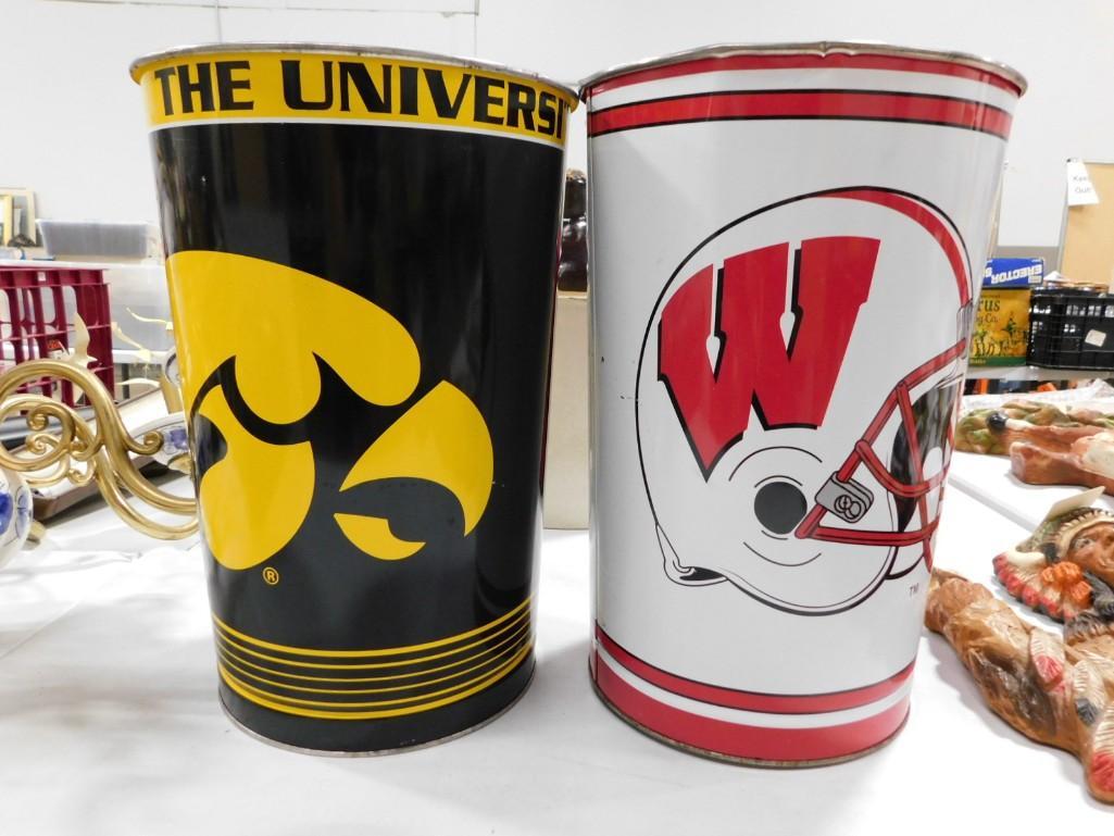 2 Metal Garbage Cans incl 1 University of Iowa and 1 University of Wisconsin (1 of 3)