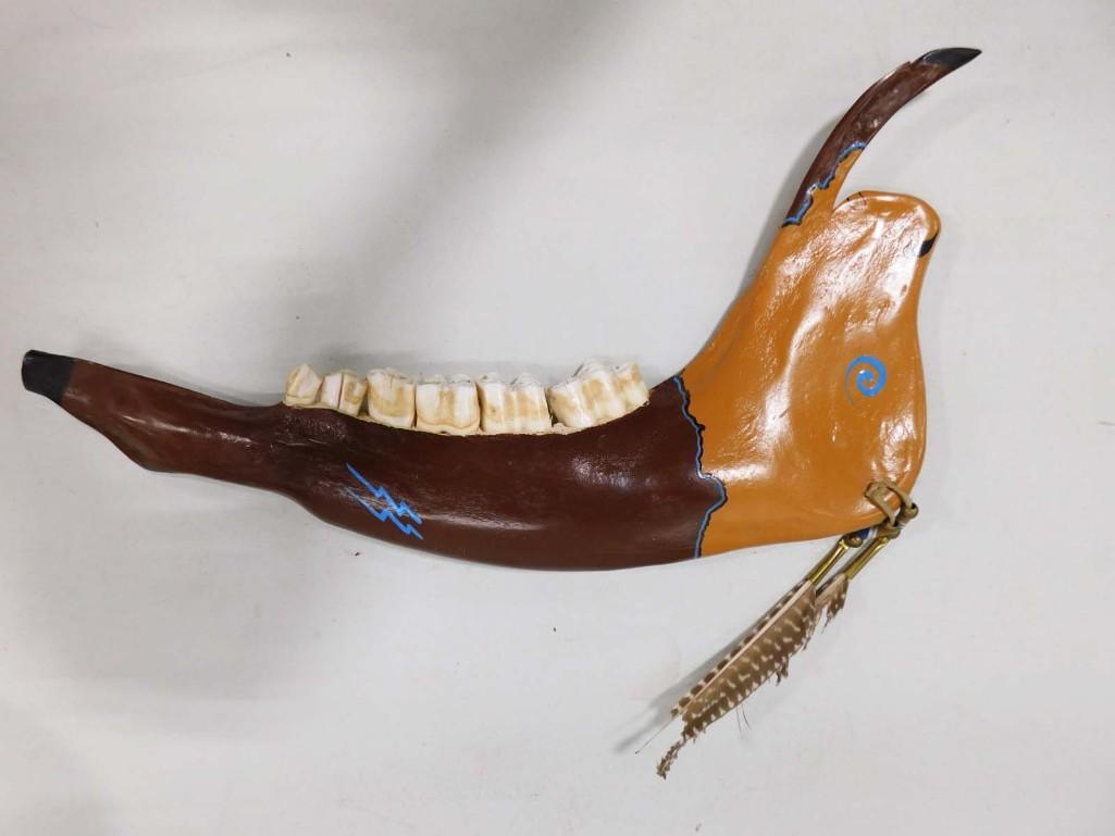 Painted Southwest Style Wall Hanging Artist Signed Trout '08: Painted Southwest Style Wall Hanging Artist Signed Trout '08. Looks to be made from animal bone and teeth - possibly a buffalo.