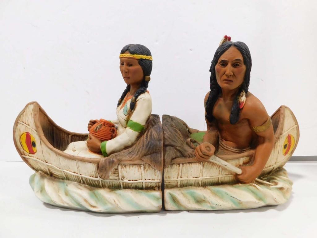 Bookends of Native Americans in Canoes by Universal Statuary: Bookends of Native Americans in Canoes by Universal Statuary