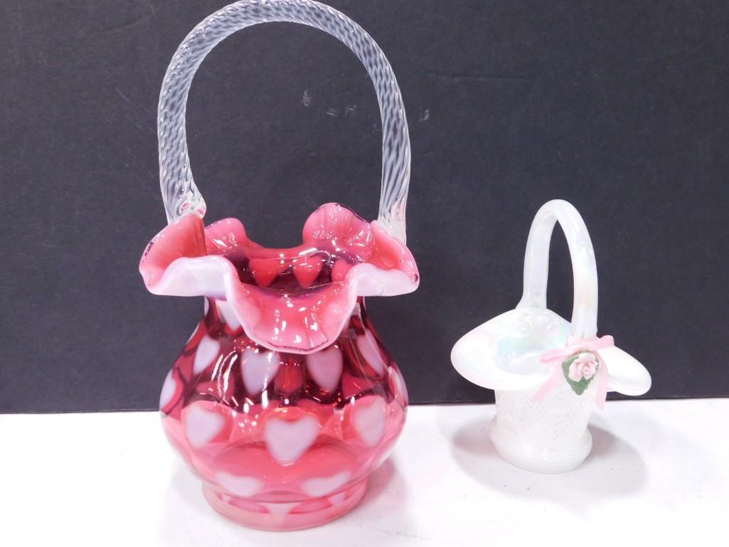 2 Fenton Glass Baskets incl Iridescent and Cranberry with Hearts (1 of 4)