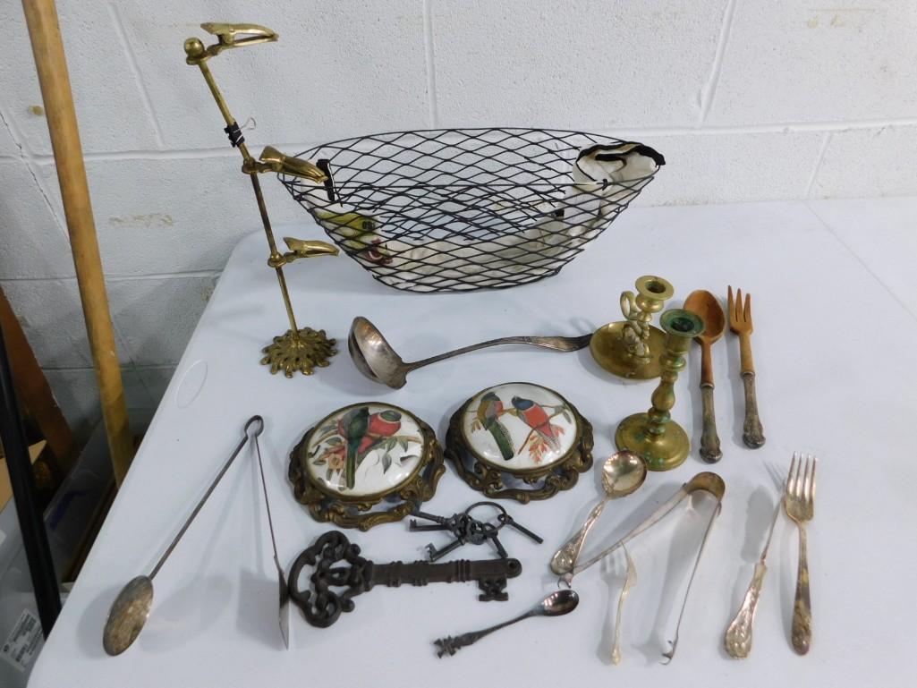 Vintage Lot incl Glove Holder, Skeleton Keys, Tongs, Candle Holders, etc (1 of 6)