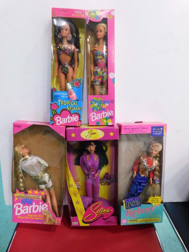 Barbie Lot incl Kelsey, Selena, Hollywood Hair Barbie, Tropical Splash Theresa Barbie, Dr: Barbie Lot incl Kelsey, Selena, Hollywood Hair Barbie, Tropical Splash Theresa Barbie, Dressing Fun Barbie . 2 are new in box, the others have been opened but include the boxes