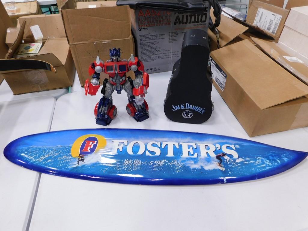 Misc Lot incl Fosters Mini Surf Board Wall Hanging, Transformers Toy, Jack Daniels Mini Guitar Case (1 of 6)