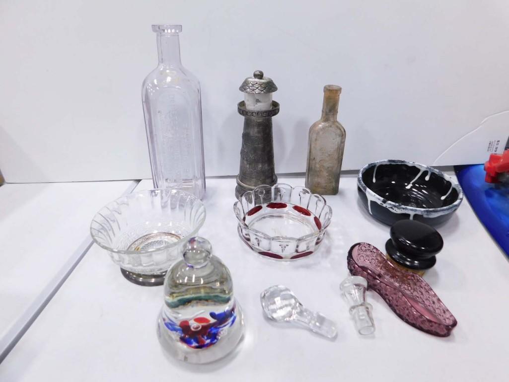 Misc Lot incl St Clair Paperweight, Vintage Ashtrays, Vintage Bottles, Metal (1 of 8)