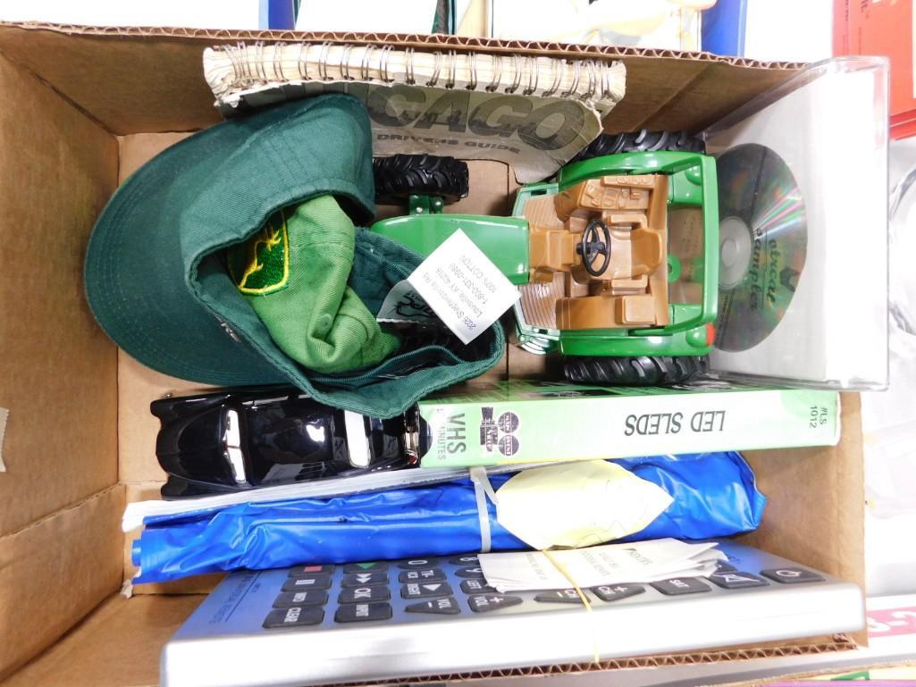 Misc Lot incl John Deere Toy Tractor, Hats, File Set, Remote, etc: Misc Lot incl John Deere Toy Tractor, Hats, File Set, Remote, etc