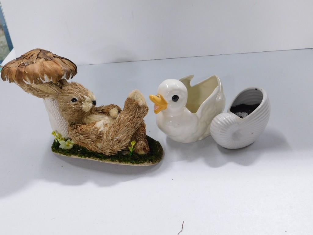 Decor Lot incl Rabbit Figure , Ceramic Duck Planter, Ceramic Shell Planter (1 of 5)