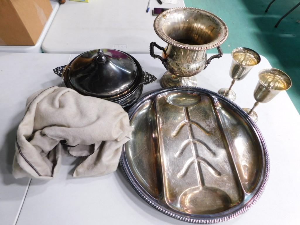 Lot of Silver Plated Serving Items incl Platter, Casserole Dish with Glass Insert, etc (1 of 6)
