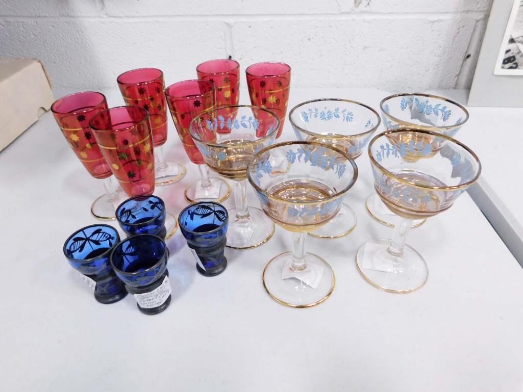 Vintage Barware Glasses incl 6 Gold on Cranberry Cordials or Liqueur Stemware Glasses: Vintage Cordial or Liqueur Stemware Glasses incl 6 Gold on Cranberry Cordials or Liqueur Stemware Glasses , 4 Cobalt Blue Silver Overlay Shot Glasses , 5 Vintage Cordials or Liqueur Stemware Glasses