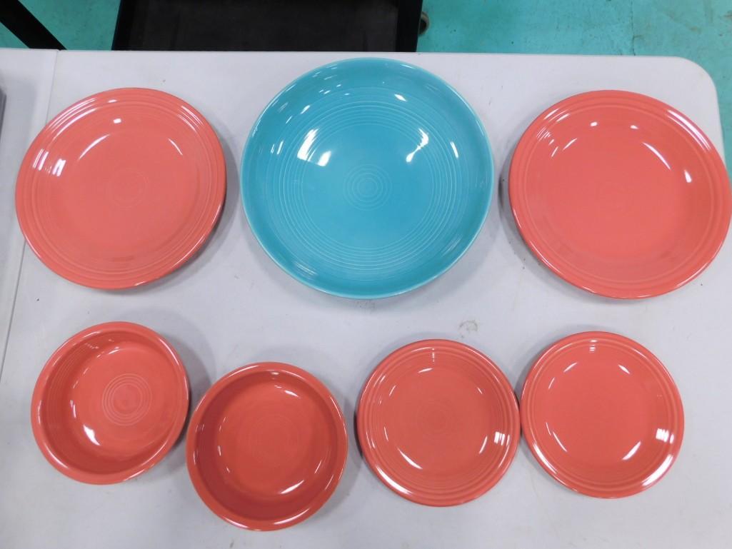 Lot of Fiesta Ware incl Salmon and Turquoise Colored: Lot of Fiesta Ware incl Salmon and Turquoise Colored . Includes a turquoise pasta bowl, and salmon plates and smaller bowls