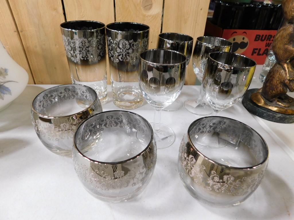 Mid Century Barware incl Royal Luster Ombre Roly Poly Glasses, Royal Luster Ombre Hi Ball Glasses or: Mid Century Barware incl Royal Luster Ombre Roly Poly Glasses, Royal Luster Ombre Hi Ball Glasses or Tumblers, and Ombre Stemware Glasses . Nice group of silver fade glasses