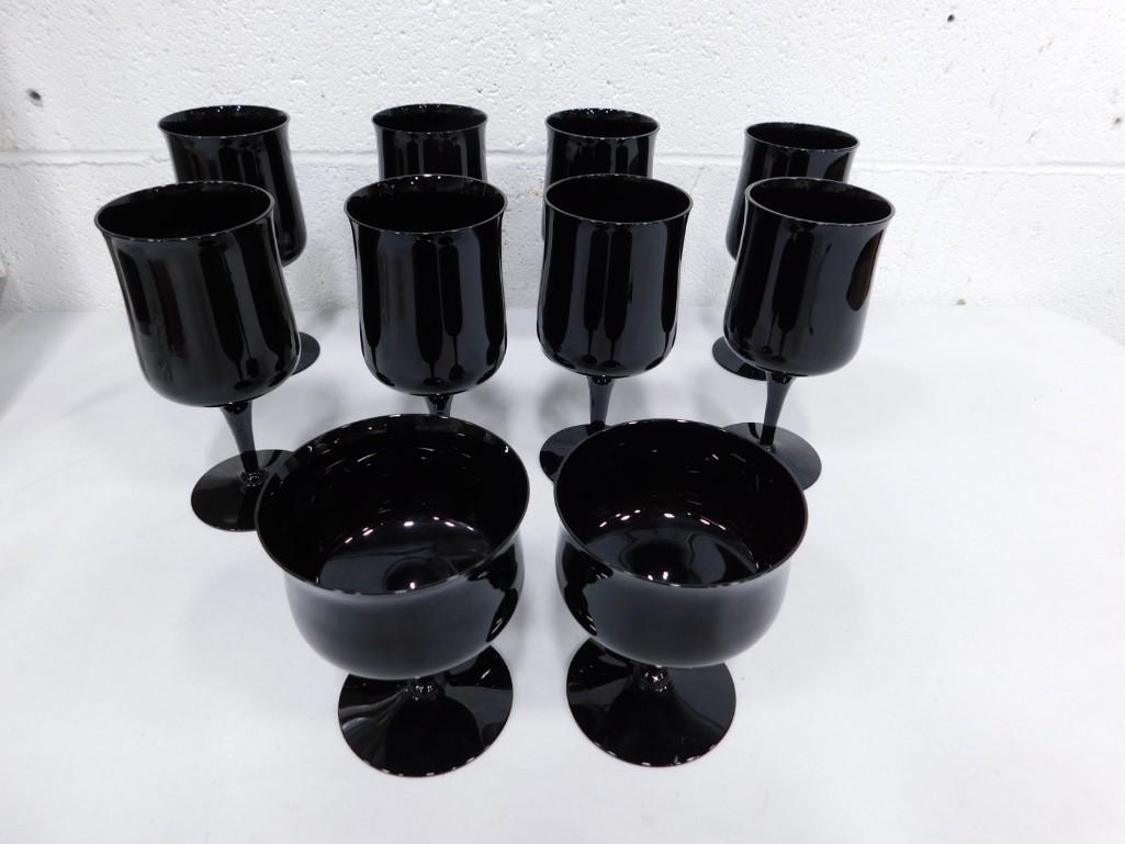 Fostoria Biscayne Black Goblets and Sherbets: 1980s Fostoria Biscayne Black Goblets and Sherbets. Includes 8 goblets and 2 sherbets
