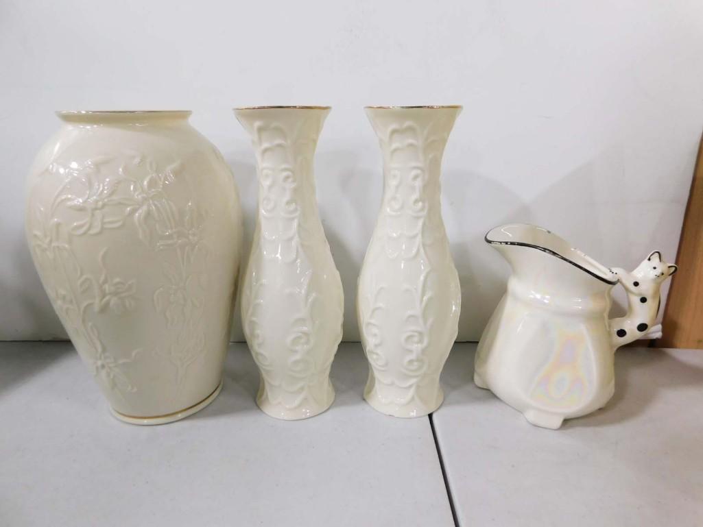 Porcelain Lot incl Vintage Opalescent Creamer, Vintage Lenox Centennial Orchid,: Porcelain Lot incl Vintage Opalescent Creamer, Vintage Lenox Centennial Orchid, and 2 embossed cream color bud vases