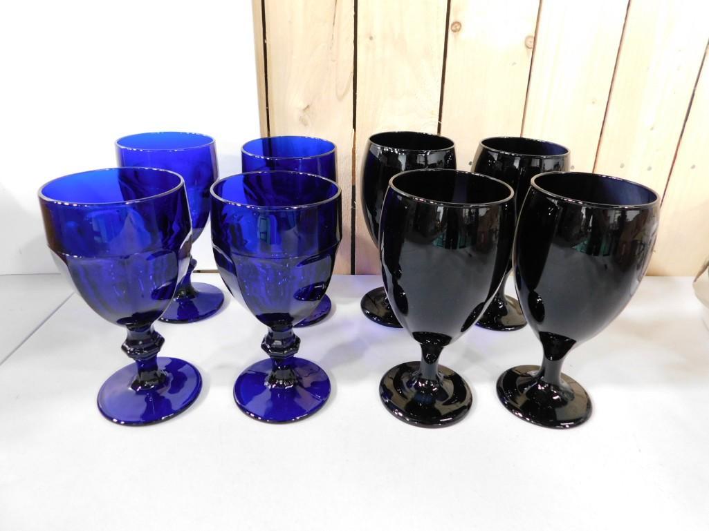 8 Water Goblets incl 4 Vintage Libbey Duratuff USA Cobalt Blue and 4 Libbey: 8 Water Goblets incl 4 Vintage Libbey Duratuff USA Cobalt Blue and 4 Libbey Premier Black Amethyst - 1997-98
