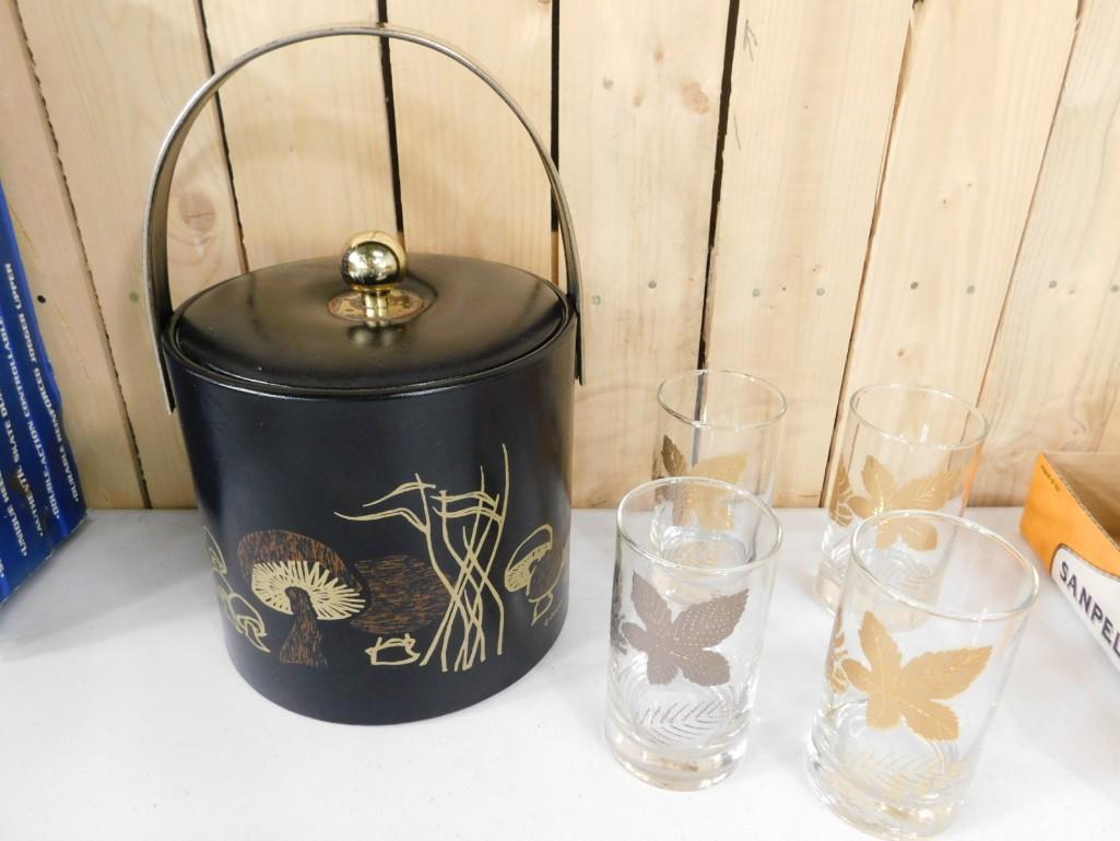 MCM Ice Bucket by Couroc and 4 Libbey Cocktail Glasses: MCM Ice Bucket by Couroc and 4 Libbey Cocktail Glasses or Tumblers