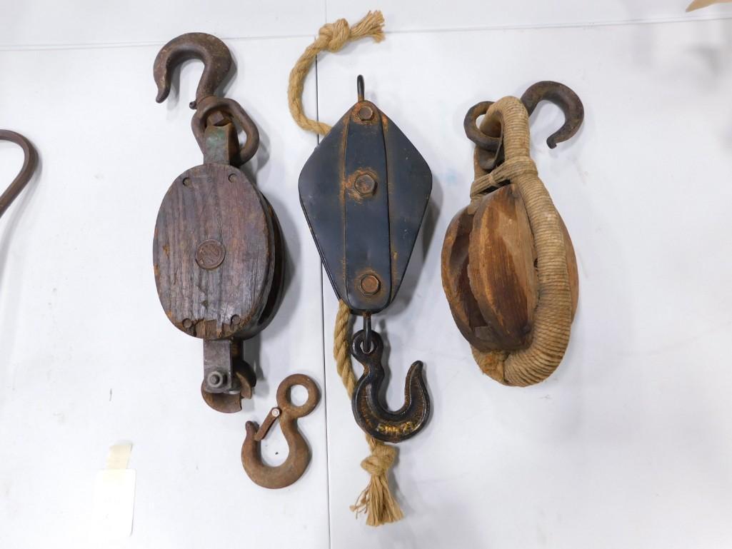 3 Antique Barn Pulleys with Hooks: 3 Antique Barn Pulleys with Hooks . Nice rustic decor