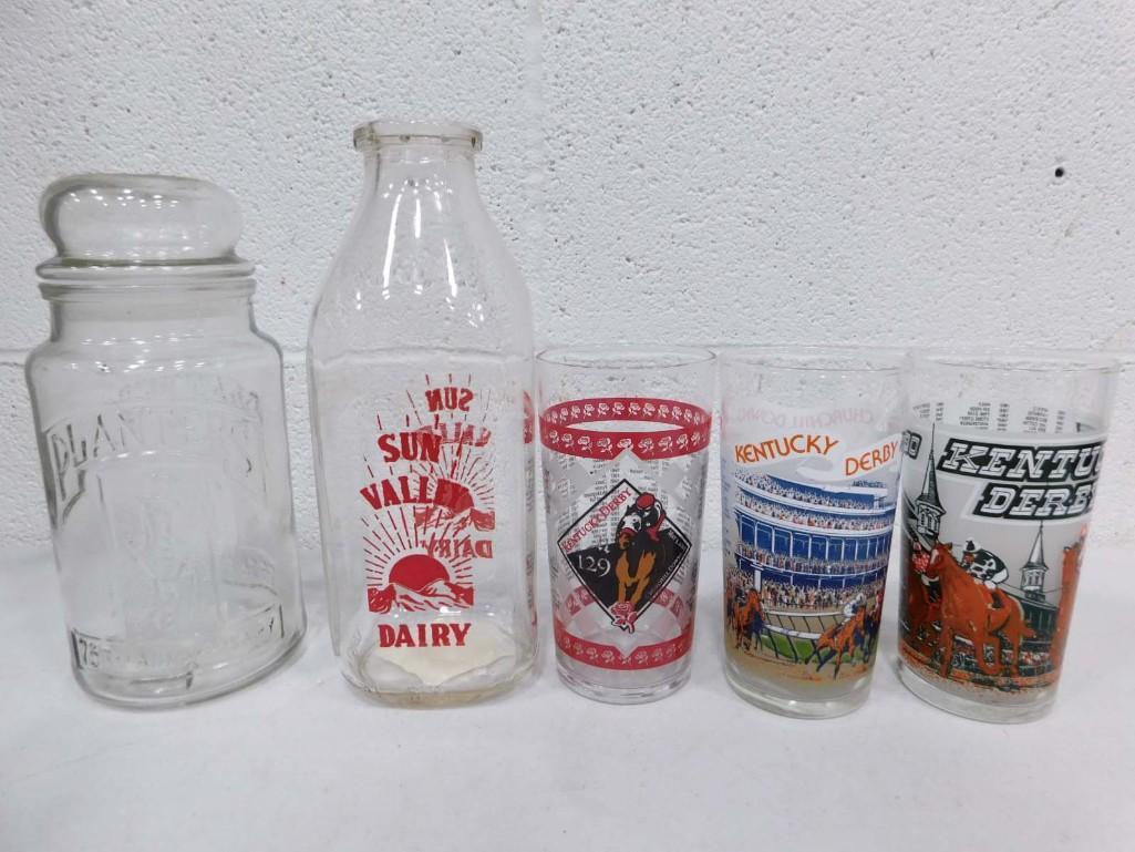 Kentucky Derby Glasses, Vintage Sun Valley Dairy Milk Bottle, Planter's Peanut Canister: Kentucky Derby Glasses, Vintage Sun Valley Dairy Milk Bottle, Planter's Peanut Canister