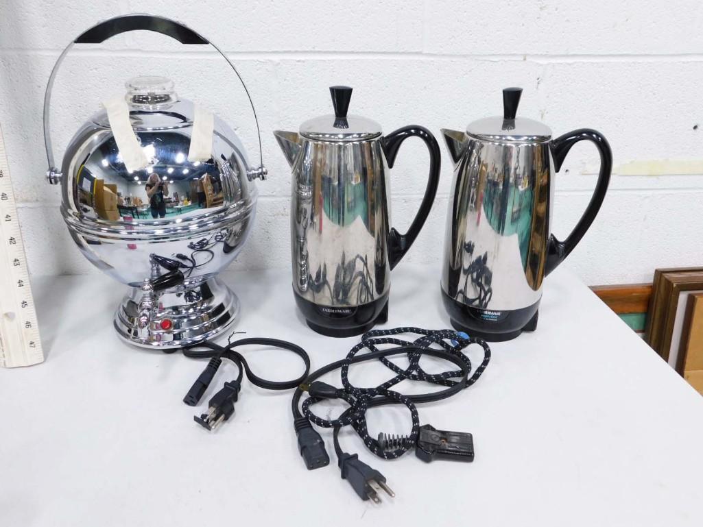 Vintage Art Deco Percolator Coffee Pot and 2 Farberware Electric Coffee Pots with Cords: Vintage Art Deco Chrome Percolator Coffee Pot with Pyrex Glass Top and 2 Farberware Electric Coffee Pots . All have cords