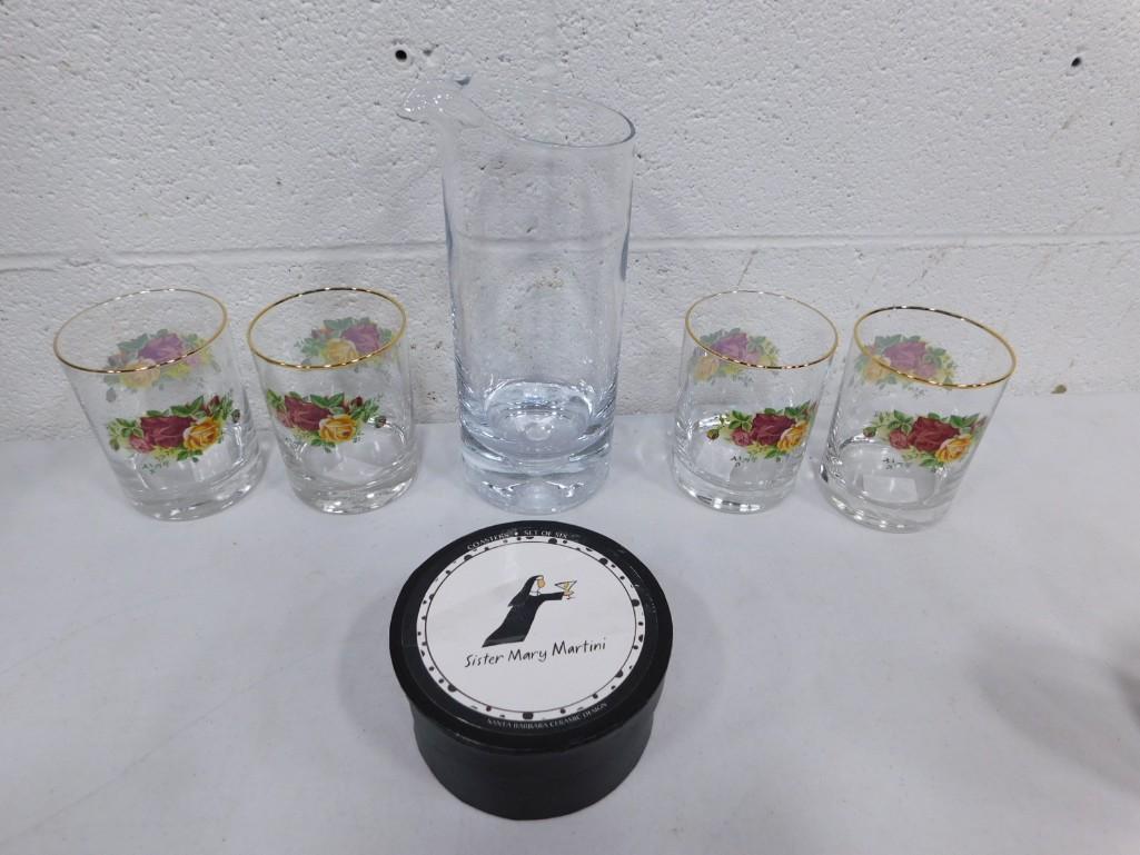 Lot of 4 Royal Albert Double Old Fashioned Glasses, Clear Glass Martini Pitcher with Bubble Base,: Lot of 4 Royal Albert Double Old Fashioned Glasses, Clear Glass Martini Pitcher with Bubble Base, and set of nun for the road coasters in box