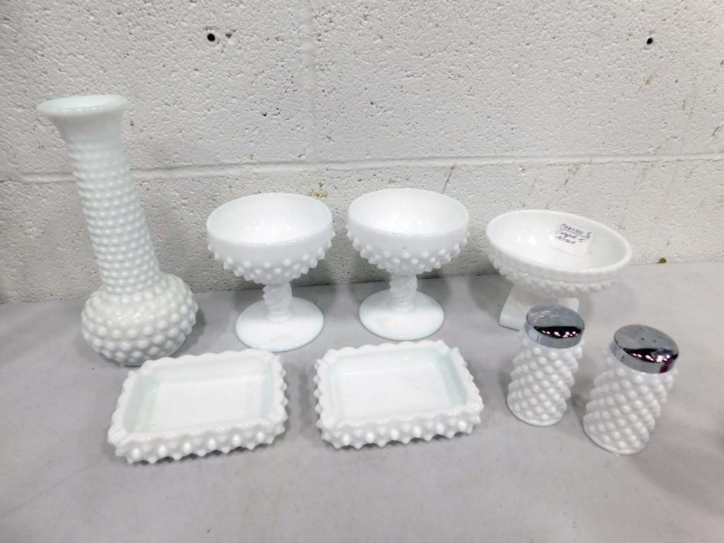 Lot of Hobnail Milk Glass incl Salt and Pepper Shakers, Bud Vase, etc: Lot of Hobnail Milk Glass incl Salt and Pepper Shakers, Bud Vase, ashtrays, etc . Includes Fenton, Federal Glass, etc