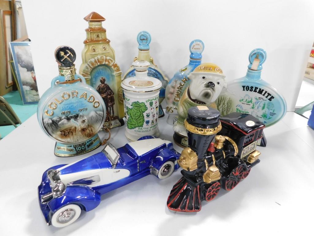 Lot of EMPTY Decanters incl Ezra Brooks Blue Roadster Car and Locomotive and Jim Beam Bulldog: Lot of EMPTY Decanters incl Ezra Brooks Blue Roadster Car and Locomotive and Jim Beam Bulldog