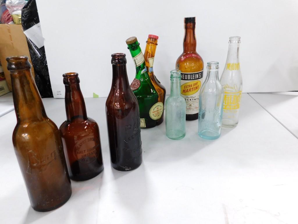 Lot of Vintage and Antique Glass Bottles incl Lea Perinns and Frank Statz & Co, Milde's ,: Lot of Vintage and Antique Glass Bottles incl Lea Perinns and Frank Statz & Co, Milde's , Bendictine 2 Compartment Bottle, etc