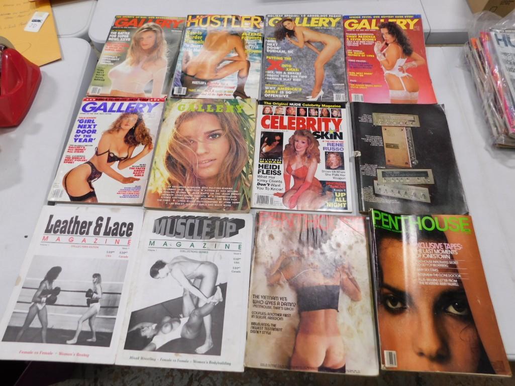 Lot of 12 Adult Magazines including Gallery, Hustler, Celbrity Skin: Lot of 12 Adult Magazines including Gallery, Hustler, Celebrity Skin, Penthouse, Leather & Lace, Muscle Up. The Magazine with the cover ripped off is a Penthouse