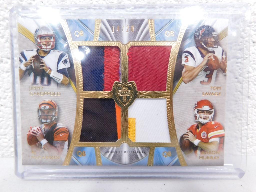 2014 Topps Supreme Rookie Quad Patch Card #14 / 20: 2014 Topps Supreme Rookie Quad Patch Card - Numbered 14 out of 20 . includes Jimmy Garoppolo, Tom Savage, AJ McCarron, Aasron Murray