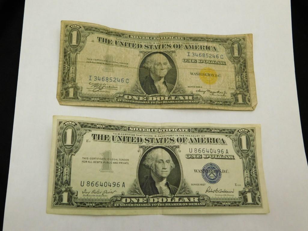 Lot of Two $1 US Silver Certificate Bills: Lot of Two $1 US Silver Certificate Bills One Yellow Seal 1935A and one Blue Seal 1957 The Yellow one was printed for use during Operation Torch - if the enemy won, the yellow color would stand out an