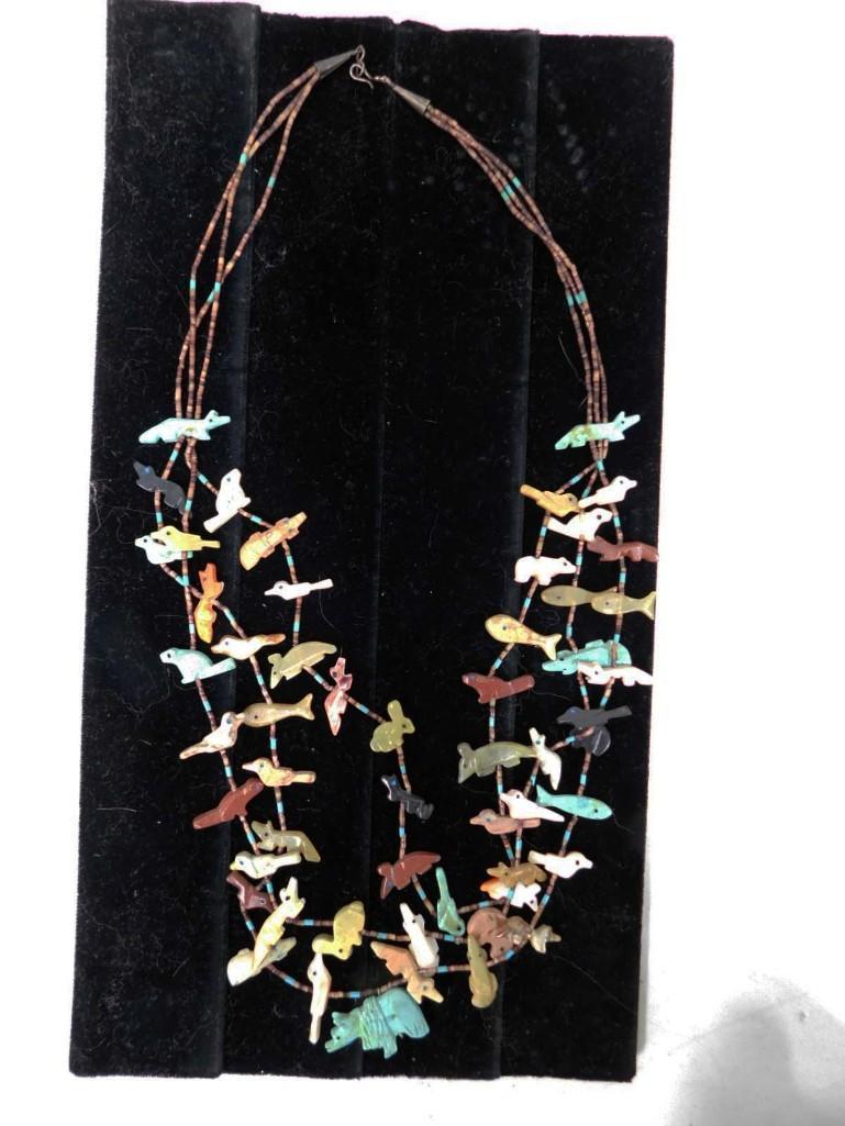 Vintage 3 Strand Carved Stone Animal Fetish Necklace Semi Precious Stones (1 of 3)
