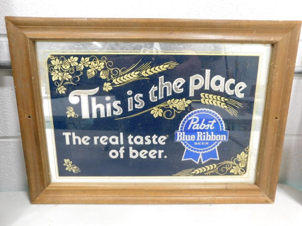 Pabst Blue Ribbon Beer Advertising Mirror Sign: Vintage Pabst Blue Ribbon Beer Advertising Mirror Sign Condition: there are 2 holes in the frame where it was attached to the wall . Measures about 20"x15"