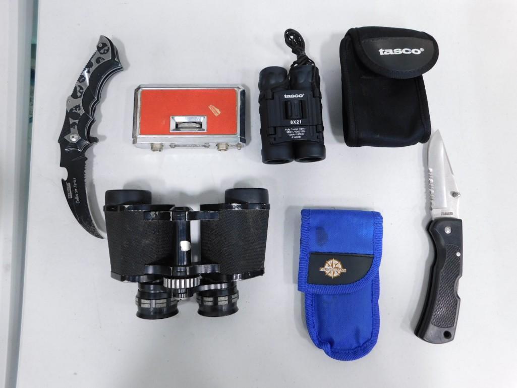 Knives and Binoculars incl Tasco Folding Binoculars: Knives and Binoculars incl Tasco Folding Binoculars with case, opera binoculars, etc plus 2 knives