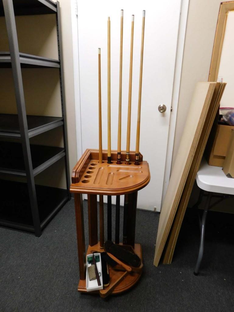 Pool / Billiards Set incl Corner Cue Rack , 4 Cues , 2 Ball Racks , 2 Table Brushes , Cue Re Tipping: Poll / Billiards set including a Corner Cue Rack (holds 10 cues) 4 Cues; 2 have been professionally re-tipped. Includes vintage Brunswick cue and youth cue 2 ball racks (triangle and diamond shaped)