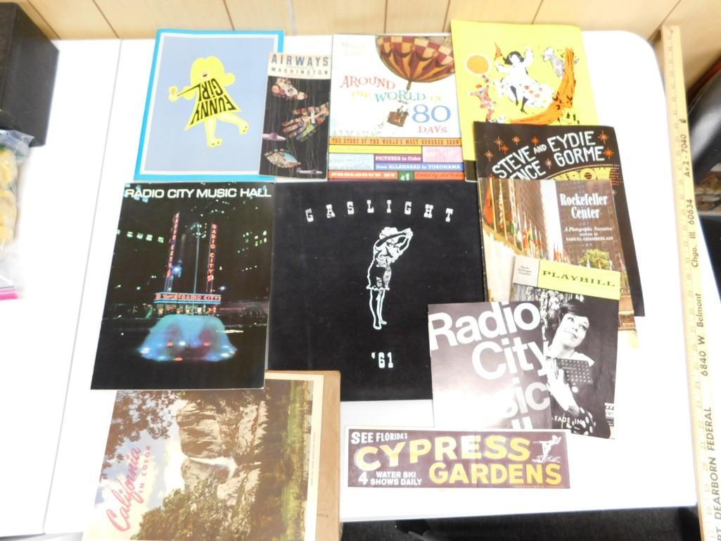 Ephemera Lot incl Rockefeller Center Photographic Narrative, Radio City Music Hall Souvenir Program,: Vintage ephemera lot incl Rockefeller Center Photographic Narrative (c. 1964), Radio City Music Hall "The Showplace of the Nation" souvenir Program (c. 1968), Vintage Cyprus Gardens Florida Bu