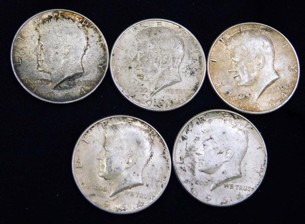 5 - 1964 Kennedy Half Dollars 90% Silver (1 of 2)