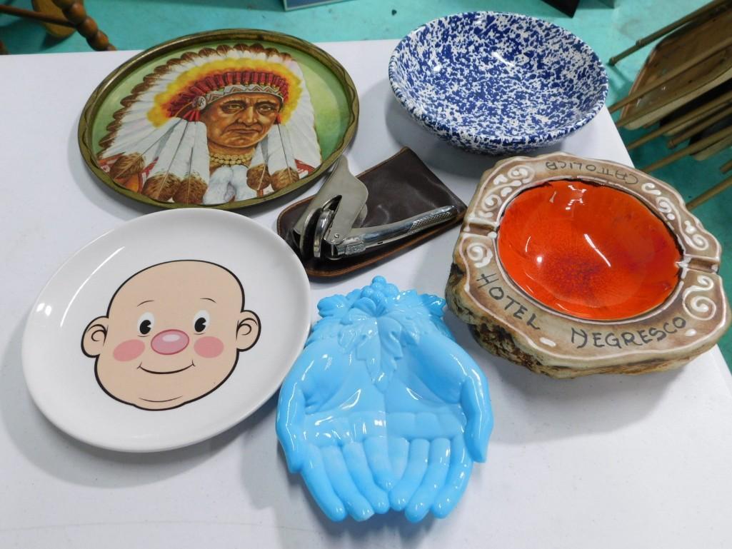 Vintage Lot incl Hotel Negresco Ashtray Signed, Ceramic Spongeware, Embosser, Blue Milk Glass Hands (1 of 8)