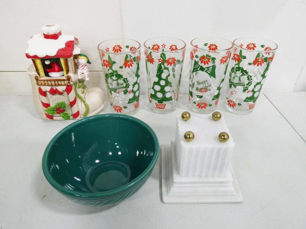Misc incl Vintage Christmas Tumblers, SToneware Bowl, Ceramic Christmas Boot, Etc: Misc incl Vintage Christmas Tumblers, Stoneware Bowl, Ceramic Christmas Boot, Etc